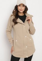 Ciemnobeżowa Długa Bluza z Bawełną i Kapturem Zapinana na Napy Corida. Brązowe bluzy damskie Born2be, s, bez wzorów, z bawełny, eleganckie, bez ramiączek, z kapturem. Za 59.99 zł.