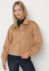 Beżowa Koszulowa Kurtka z Imitacji Zamszu z Ozdobnymi Przeszyciami Arenella. Brązowe kurtki damskie Born2be, l, bez wzorów, z jeansu, bez kaptura. Za 159.99 zł.