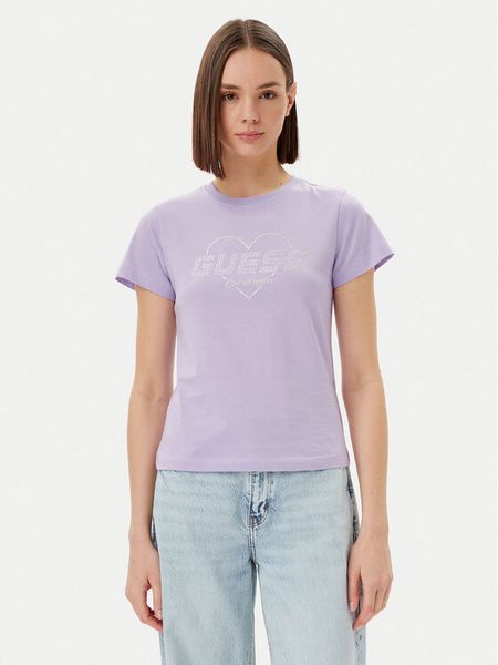Guess T-Shirt V5GI10 K9RM1 Fioletowy Regular Fit. Fioletowe t-shirty damskie Guess, s, z aplikacjami, z bawełny, bez kołnierzyka, bez ramiączek. Za 109.99 zł.