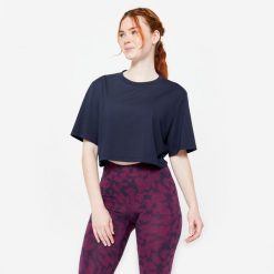 Koszulka damska Domyos Gym & Pilates crop top. Niebieskie topy damskie NYAMBA, xs, bez wzorów, z bawełny, sportowe, bez kołnierzyka, bez ramiączek. Za 49.99 zł.