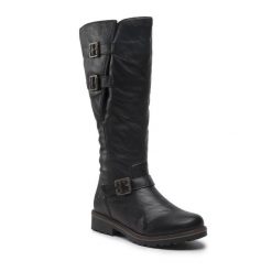 Kozaki Remonte. Czarne kozaki damskie Remonte, bez wzorów, bez obcasa, na płaskiej podeszwie, bez zapięcia. Za 415.00 zł.