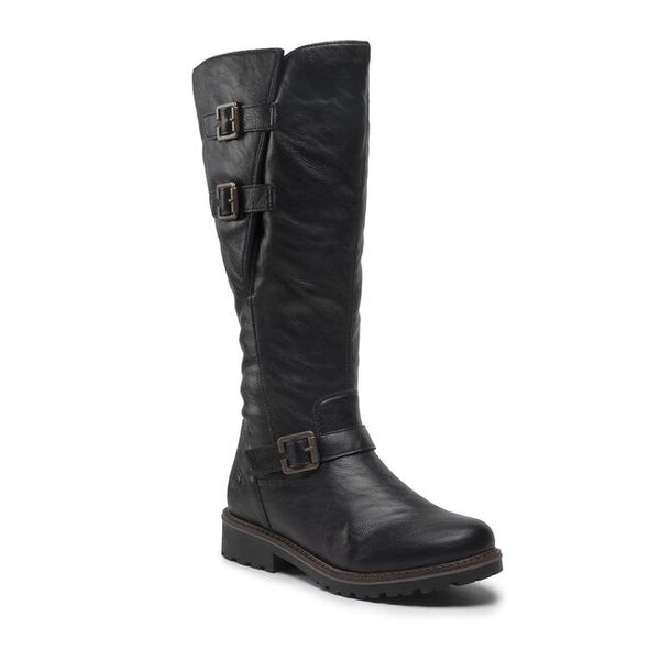 Kozaki Remonte. Czarne kozaki damskie Remonte, bez wzorów, bez obcasa, na płaskiej podeszwie, bez zapięcia. Za 415.00 zł.