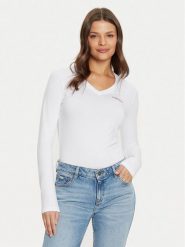Guess Jeans Bluzka W4YI21 J1314 Biały Slim Fit. Białe bluzki damskie Guess Jeans, xxl, z aplikacjami, z bawełny, bez kołnierzyka, bez ramiączek. Za 109.99 zł.