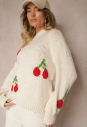 Jasnobeżowy Prosty Sweter z Domieszką Wełny Ozdobiony Wiśniową Aplikacją Balrinna. Brązowe swetry nierozpinane damskie Renee, z aplikacjami, z jeansu, casualowe, bez kołnierzyka, bez ramiączek. Za 119.99 zł.