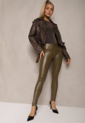 Zielone Legginsy z Imitacji Skóry High Waist z Polarem Labrinne. Zielone legginsy damskie Renee, bez wzorów, z jeansu. Za 44.99 zł.