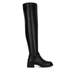 Kozaki Nine West. Czarne kozaki damskie Nine West, bez wzorów, bez obcasa, na słupku, bez zapięcia. Za 299.99 zł.