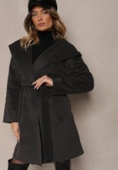 Ciemnoszary Płaszcz z Wiskozą Kapturem i Paskiem w Talii Ninerviria. Szare płaszcze damskie Renee, l, z aplikacjami, z wiskozy, eleganckie, bez kołnierzyka, z kapturem. Za 229.99 zł.