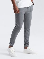 Spodnie męskie dresowe ze strukturalnej dzianiny - grafitowe V5 OM-PASK-0211 - XXL. Szare spodnie sportowe męskie Ombre Clothing, l, z aplikacjami, z bawełny. Za 143.99 zł.