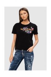 MOSCHINO Czarny t-shirt z logo i kwiatami. Czarne t-shirty damskie MOSCHINO, s, bez wzorów, prążkowane, bez kołnierzyka, bez ramiączek. W wyprzedaży za 279.99 zł.