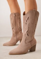 Ciemnobeżowe Ażurowe Botki Kowbojki VICES na Słupku Falenatea. Brązowe botki damskie Renee, na wiosnę, w ażurowe wzory, z jeansu, eleganckie, bez obcasa, na obcasie, bez zapięcia. Za 139.99 zł.