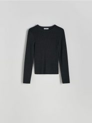 Sweter z metalizowaną nicią - czarny. Czarne swetry nierozpinane damskie Reserved, l, bez wzorów, z dzianiny, bez kołnierzyka, bez ramiączek. W wyprzedaży za 39.99 zł.
