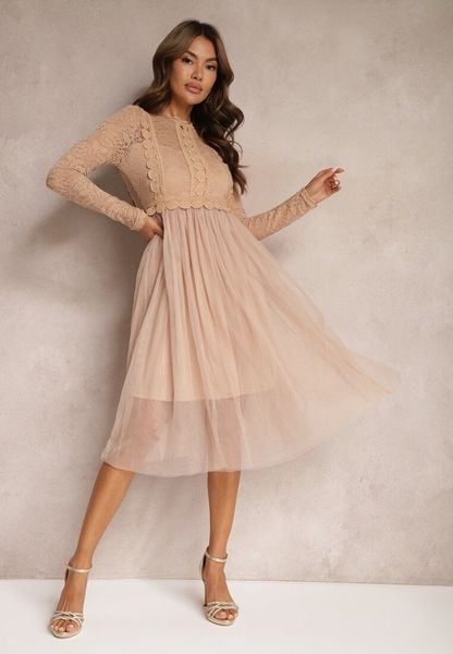 Ciemnobeżowa Elegancka Tiulowa Sukienka o Rozkloszowanym Kroju z Koronką Samelba. Brązowe sukienki damskie Renee, na imprezę, s, bez wzorów, z koronki, eleganckie, bez kołnierzyka, bez ramiączek, midi, rozkloszowane. Za 109.99 zł.