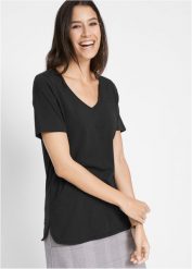 T-shirt z bawełną organiczną. Fioletowe t-shirty damskie bonprix, bez wzorów, z bawełny, bez kołnierzyka, bez ramiączek. Za 57.99 zł.