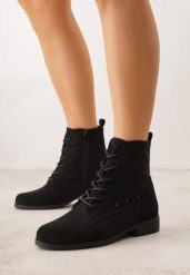 Czarne Sznurowane Botki z Ażurową Cholewką Zeliana. Czarne botki damskie Born2be, w ażurowe wzory, z jeansu, klasyczne, bez obcasa, na płaskiej podeszwie, bez zapięcia. Za 129.99 zł.