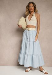 Jasnoniebieska Jeansowa Spódnica z Bawełny o Rozkloszowanym Kroju z Paskiem i Guziczkami Nattenira. Niebieskie spódnice damskie Renee, na co dzień, m, bez wzorów, z bawełny, eleganckie, maxi, koszulowe. Za 119.99 zł.