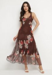 Brązowa Siateczkowa Sukienka z Kwiatowym Motywem Milanessa. Brązowe sukienki damskie Born2be, na co dzień, m, z aplikacjami, z jeansu, eleganckie, bez kołnierzyka, bez ramiączek, maxi, proste. Za 129.99 zł.