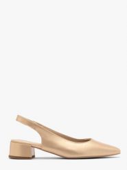 Złote czółenka damskie z otwartą piętą typu slingback ELIZABETH. Żółte czółenka damskie Ryłko, bez wzorów, z gumy, z otwartym noskiem, bez obcasa, na obcasie, bez zapięcia. Za 379.99 zł.