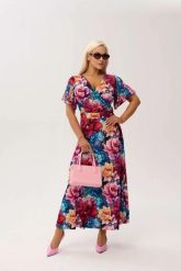 Sukienka kopertowa Valencia Peony MAXI z falującym rękawem i kobiecym dekoltem PLUS SIZE OVERSIZE WIOSNA LATO. Białe sukienki damskie Moda Size Plus Iwanek, na co dzień, na lato, plus size, bez wzorów, z elastanu, eleganckie, bez kołnierzyka, plus size, bez ramiączek, maxi, kopertowe. Za 359.90 zł.
