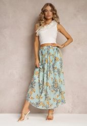 Miętowa Spódnica Ozdobiona Plisami z Gumką w Pasie i Elastyczną Podszewką Vislo. Zielone spódnice damskie Renee, na lato, bez wzorów, boho, maxi, rozkloszowane. Za 49.99 zł.