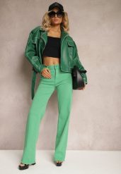 Zielone Szerokie Jeansy z Bawełnianej Tkaniny Plumeti High Waist Rrisa. Zielone jeansy damskie Renee, bez wzorów, z bawełny, boho, z podwyższonym stanem, krótkie. Za 59.99 zł.