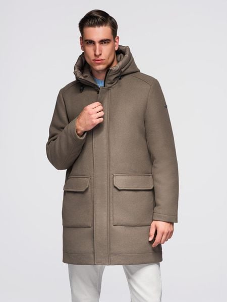 Męski płaszcz parka z wełną i kapturem - khaki V2 - Rozmiar: XL. Brązowe parki męskie Ombre Clothing, m, bez wzorów, z materiału, eleganckie, bez kołnierzyka, z kapturem. W wyprzedaży za 359.99 zł.