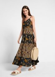 Sukienka maxi z falbanami. Czarne sukienki damskie bonprix, bez wzorów, bez kołnierzyka, bez ramiączek, maxi. Za 139.99 zł.