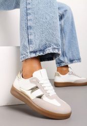 Biało-Złote Sneakersy Tenisówki na Kauczukowej Podeszwie Ondriama. Białe trampki i tenisówki damskie Born2be, bez wzorów, z kauczuku, bez zapięcia. Za 84.99 zł.