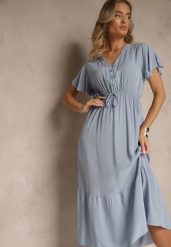 Niebieska Rozkloszowana Sukienka z Bawełny Zdobiona Guzikami Folennea. Niebieskie sukienki damskie Renee, na co dzień, l, z aplikacjami, z bawełny, eleganckie, bez kołnierzyka, bez ramiączek, midi, rozkloszowane. Za 54.99 zł.
