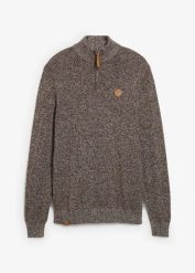 Sweter ze stójką z czystej bawełny. Brązowe swetry męskie bonprix, m, z aplikacjami, z bawełny, bez kołnierzyka, bez ramiączek. Za 114.99 zł.