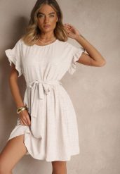 Jasnobeżowa Sukienka z Paskiem i Falbankami przy Rękawach Folunelle. Brązowe sukienki damskie Renee, na co dzień, bez wzorów, eleganckie, bez kołnierzyka, bez ramiączek, mini. Za 59.99 zł.