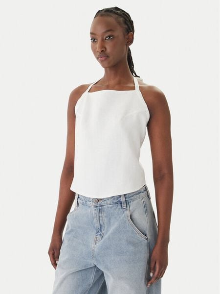 Eleh Top SS260067 Biały Regular Fit. Białe topy damskie Eleh, bez wzorów, ze lnu, bez kołnierzyka, bez ramiączek. Za 218.99 zł.