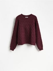 Sweter z warkoczowym splotem - bordowy. Czerwone swetry nierozpinane damskie Reserved, l, bez wzorów, z dzianiny, bez kołnierzyka, bez ramiączek. Za 119.99 zł.