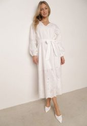 Biała Bawełniana Sukienka Boho z Paskiem Haftem i Ażurowymi Wstawkami Orilise. Białe sukienki damskie Born2be, do pracy, l, w ażurowe wzory, z bawełny, biznesowe, bez kołnierzyka, bez ramiączek, maxi, kopertowe. Za 309.99 zł.