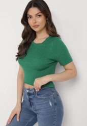 Zielony Krótki T-shirt z Prążkowanej Dzianiny Clutia. Zielone t-shirty damskie Born2be, l, bez wzorów, z dzianiny, bez kołnierzyka, bez ramiączek. Za 54.99 zł.