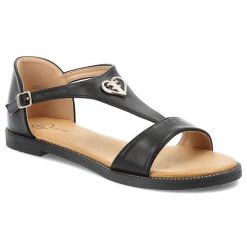 Sandały damskie Filippo, z ozdobą z eko skóry na płaskim obcasie eleganckie, czarne, DS6914-25-BK. Czarne sandały damskie Filippo, z aplikacjami, z materiału, bez obcasa, na płaskiej podeszwie, bez zapięcia. Za 99.99 zł.