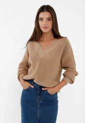 Sweter oversize S-VIDA. Brązowe swetry nierozpinane damskie Volcano, l, bez wzorów, z bawełny, wizytowe, bez kołnierzyka, bez ramiączek. Za 159.99 zł.
