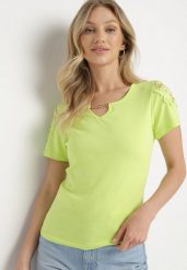 Zielony Bawełniany T-shirt z Łańcuszkiem i Koronką Liraveira. Zielone t-shirty damskie Born2be, m, z aplikacjami, z bawełny, eleganckie, bez kołnierzyka, bez ramiączek. Za 39.99 zł.