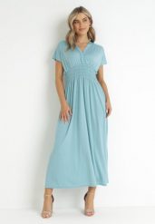 Miętowa Sukienka Maxi z Marszczoną Gumką w Talii Yalesima. Zielone sukienki damskie Born2be, l, bez wzorów, bez kołnierzyka, bez ramiączek, maxi. Za 44.99 zł.