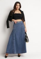 Granatowa Bawełniana Spódnica Jeansowa Maxi Rozkloszowana z Łańcuszkiem Zallire. Niebieskie spódnice damskie Born2be, s, bez wzorów, z bawełny, boho, maxi, rozkloszowane. Za 199.99 zł.