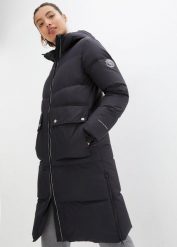 Hydrofobowy płaszcz puchowy z odblaskowymi elementami. Czarne płaszcze damskie bonprix, bez wzorów, z materiału, bez kołnierzyka, bez kaptura. Za 509.99 zł.