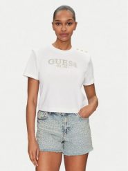 Guess T-Shirt W5GI15 K8FQ4 Biały Regular Fit. Białe t-shirty damskie Guess, xxl, z aplikacjami, z bawełny, bez kołnierzyka, bez ramiączek. Za 109.99 zł.