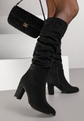 Czarne Kozaki na Słupku w Stylu Slouchy do Kolan Zeriza. Czarne kozaki damskie Renee, bez wzorów, z jeansu, bez obcasa, na obcasie, bez zapięcia. Za 149.99 zł.