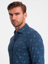 Męska koszula bawełniana z motywem roślinnym – granatowa V1 OM-SHCS-0159 - XXL. Niebieskie koszule męskie Ombre Clothing, l, bez wzorów, z bawełny, eleganckie, bez kołnierzyka, bez ramiączek. W wyprzedaży za 109.99 zł.
