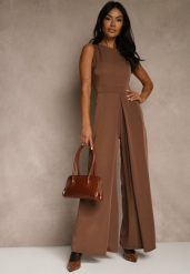 Brązowy Taliowany Kombinezon Ozdobiony Zakładkami Berinola. Brązowe sukienki damskie Renee, na imprezę, l, bez wzorów, eleganckie, bez kołnierzyka, bez ramiączek. Za 129.99 zł.