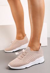 Beżowe Buty Sportowe Ściągane Gumką Ozdobione Metaliczną Nicią Rianelle. Brązowe obuwie sportowe damskie Renee, bez wzorów, bez zapięcia, na fitness i siłownię. Za 49.99 zł.