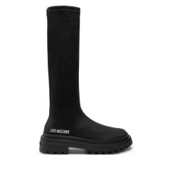 Kozaki LOVE MOSCHINO. Czarne kozaki damskie Love Moschino, bez wzorów, bez obcasa, na płaskiej podeszwie, bez zapięcia. Za 849.99 zł.
