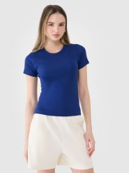 4F T-shirt slim z prążkowanej dzianiny damski - granatowy XXL. Niebieskie t-shirty damskie 4F, xs, bez wzorów, z bawełny, klasyczne, bez kołnierzyka, bez ramiączek. W wyprzedaży za 39.99 zł.