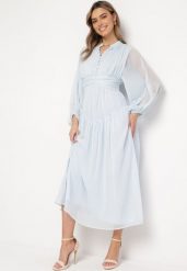 Jasnoniebieska Długa Sukienka Koktajlowa w Stylu Retro z Plisami i Stójką Leowia. Niebieskie sukienki damskie Born2be, l, bez wzorów, retro, bez kołnierzyka, bez ramiączek, maxi. Za 159.99 zł.