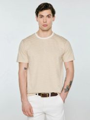 Koszulka męska w paski beżowa Oler 801. Brązowe t-shirty męskie BIG STAR, l, z aplikacjami, z dzianiny, bez kołnierzyka, bez ramiączek. Za 99.99 zł.