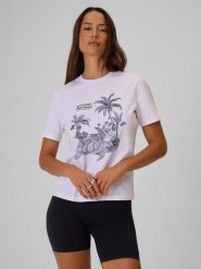 4F T-shirt relaxed z nadrukiem damski - biały S. Białe koszulki sportowe damskie 4F, s, bez wzorów, z bawełny, bez ramiączek. Za 59.99 zł.